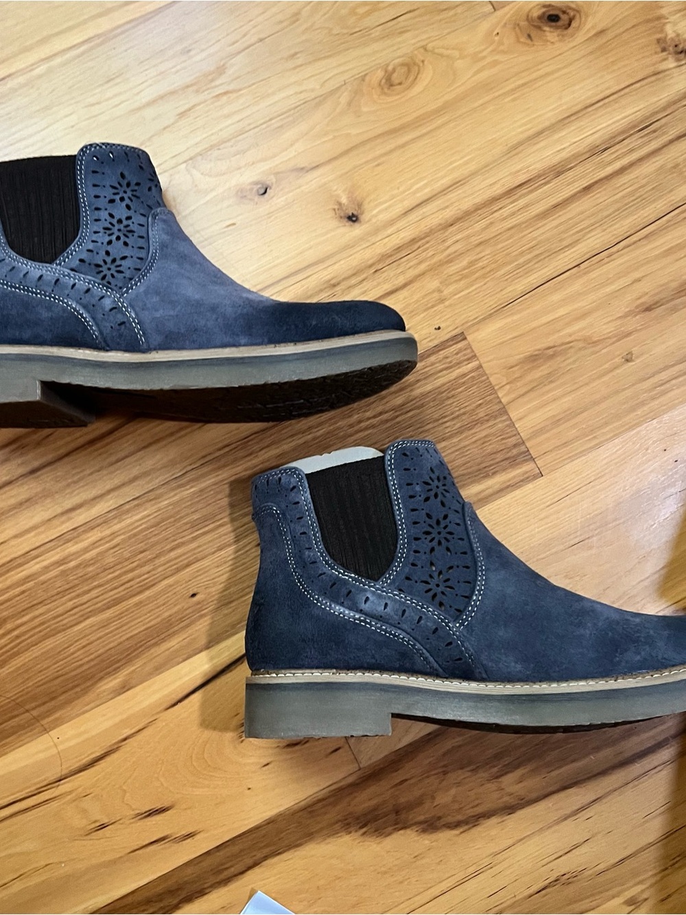Comfortiva  Raya Navy Suede Chelsea Booties with Laser-Cut Detail